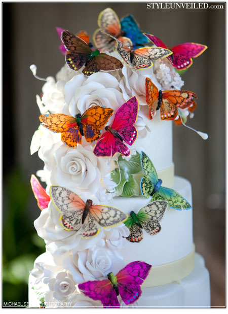 tort de nunta cu fluturi colorati